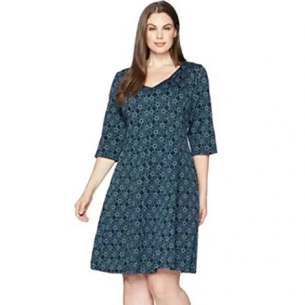 Taylor Black & Blue V- Neck Jacquard A-line Fit & Flare Dress Plus Size 18